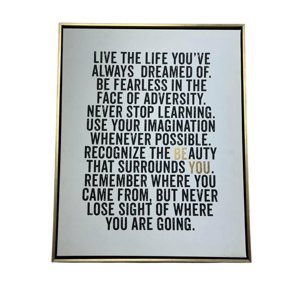Elegant Simplistic Minimalist Life Moto Qoute Cream & Gold Framed Wall Art - EUC